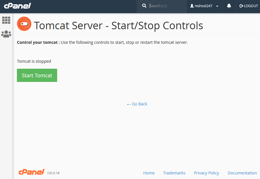 start tomcat server on cpanel
